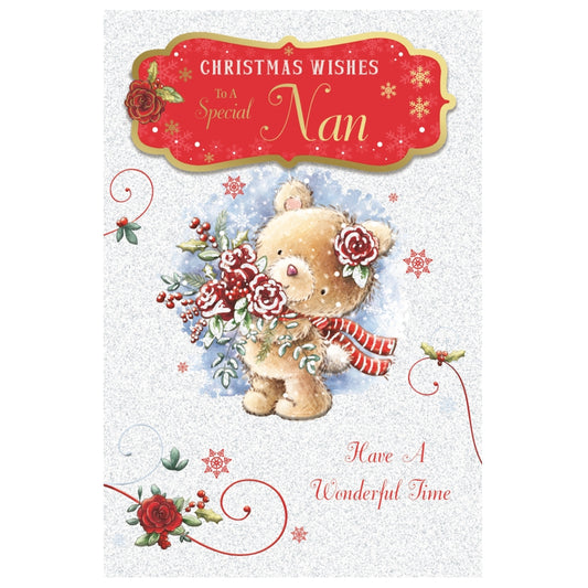 To a Special Nan Teddy With Bunch of Flowers Design Christmas Card