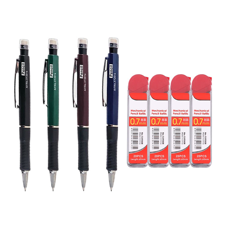 4 Sets of 0.7mm Pen-Style Mechanical Pencil and HB Lead Refills – Smooth Writing, Anti-Slip Grip