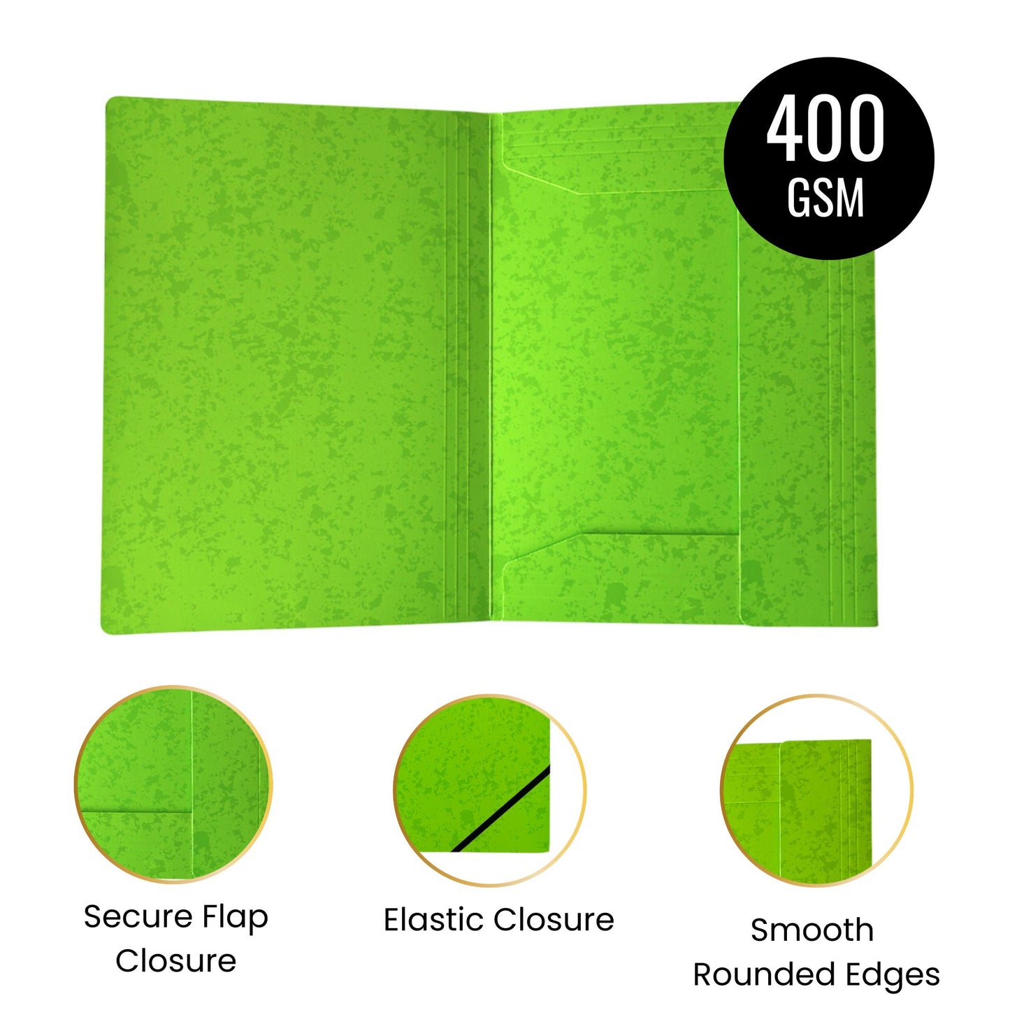A4 Neon Green Card 3 Flap Folder With Elastic Closure