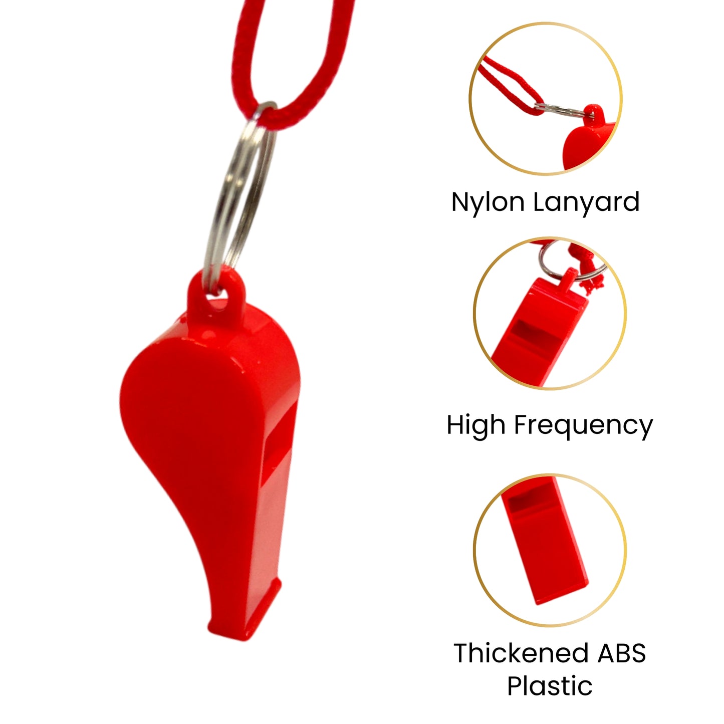 Bag of 10 Red Plastic Whistles with Lanyard Neck Cord