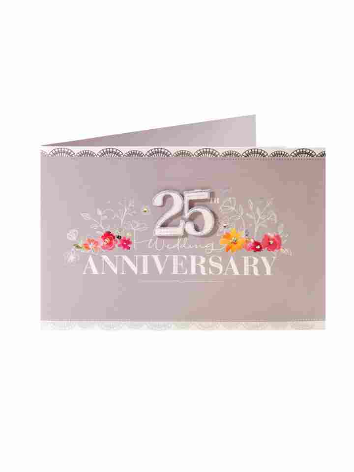25th Wedding Anniversary Grey/Silver Floral Handmade Design Greeting Card 