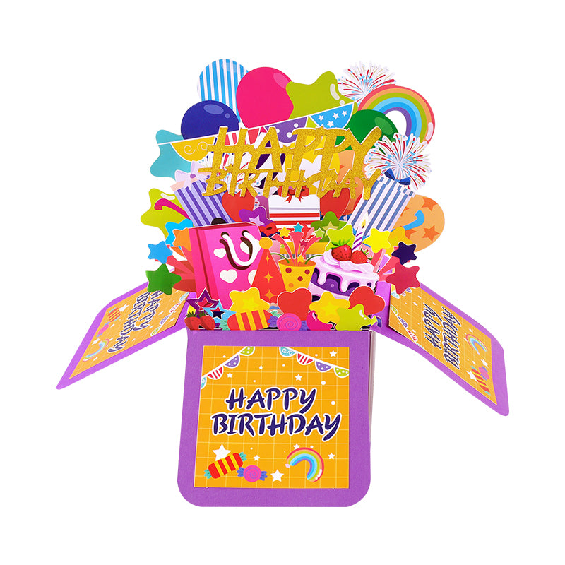 Rainbow Wishes 3D Pop Up Birthday Box Card - Fireworks Cake Balloons Surprise Gift Box