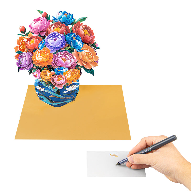 Colorful Grace Peony Bouquet in Blue Vase 3D Pop Up Greeting Card - Birthday Anniversary Mother's Valentine's Day