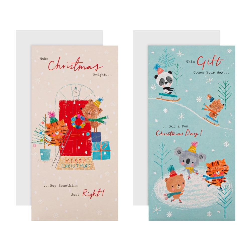 Cute Winter Animal in 2 Designs Pack of 4 Christmas Money Wallet Cards