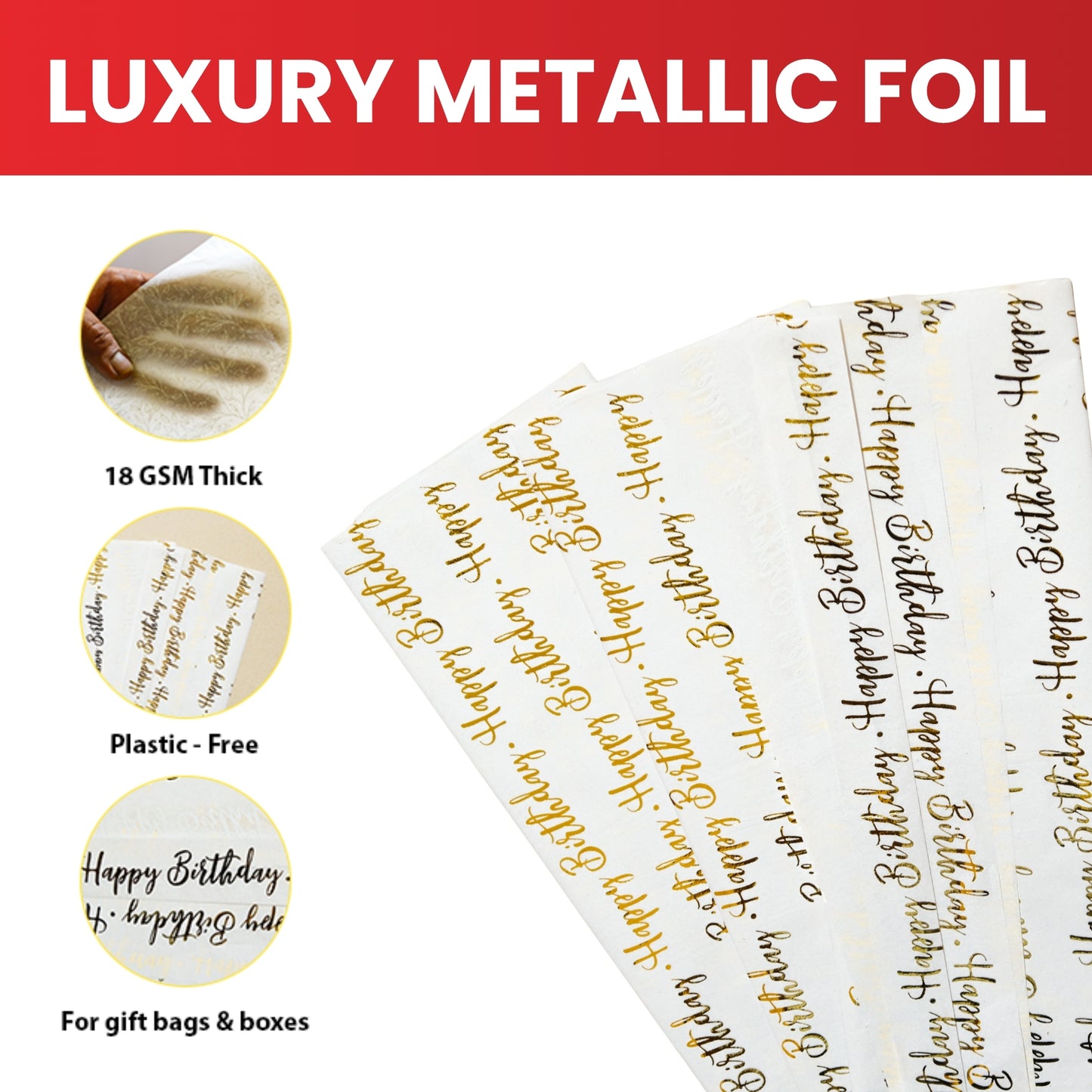 12 x Pack of 10 Happy Birthday Script Luxury Gold Metallic Plastic-Free 18gsm Tissue Paper Sheets 50x70cm - Patterned Tissue Paper for Xmas, New Year, Party, Wedding, Birthday Packing Present Gift Box DIY Art Crafts