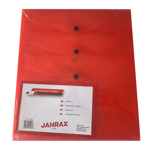 Pack of 12 Janrax A4 Red Document Wallets - Button Stud Folder