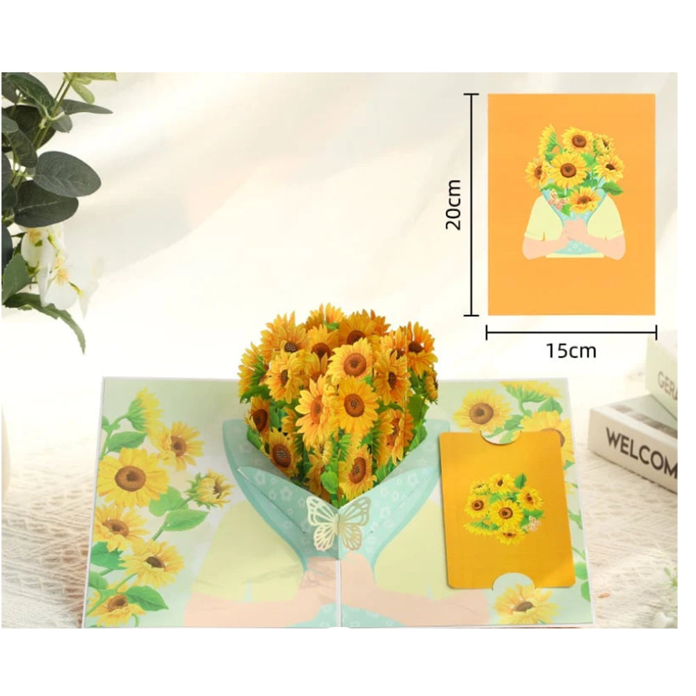 Sunflower Bouquet in Hand 3D Pop Up Greeting Card - Mother's Day Anniversary Birthday Thank You