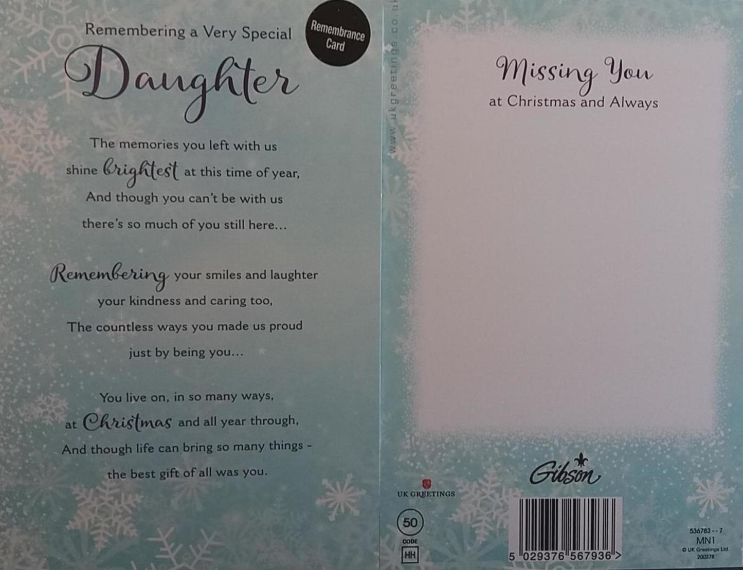 DAUGHTER Special Words Christmas Grave Memorial Card Remembrance