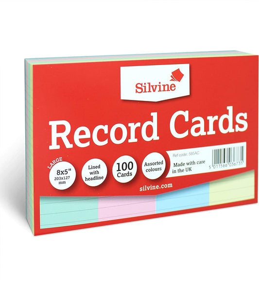 Pack of 100 Multi-Coloured Record Cards 8x5" (203 x 127mm)