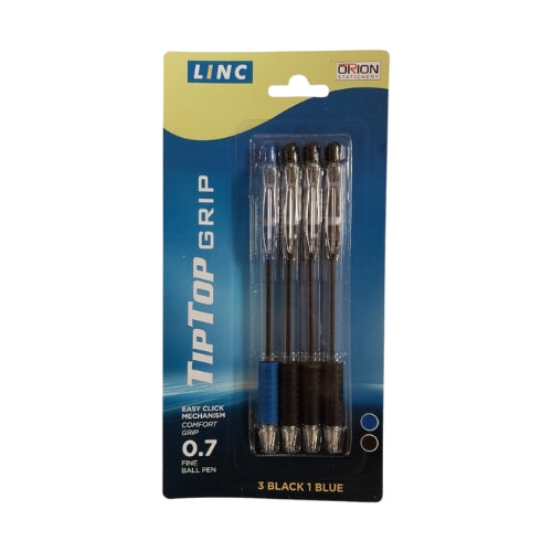 Pack of 4 Tip Top Grip Pen 3 Black 1 Blue
