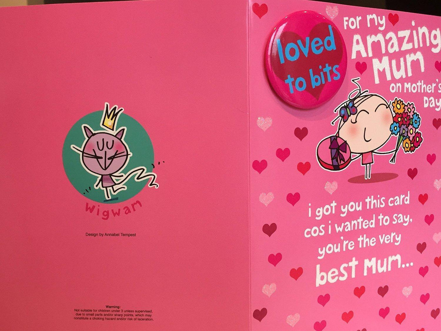 Amazing Mum On Mother's Day Large Card With Badge Loved To Bits