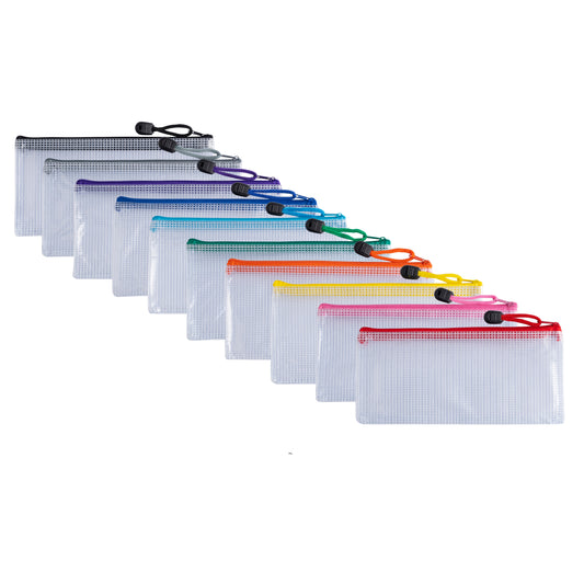 Pack of 10 DL Assorted PVC Mesh Coloured Zip Bags