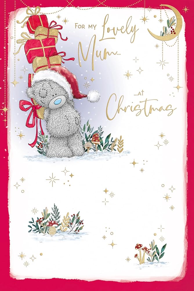 Bear With Presents Behind Mum Christmas Card