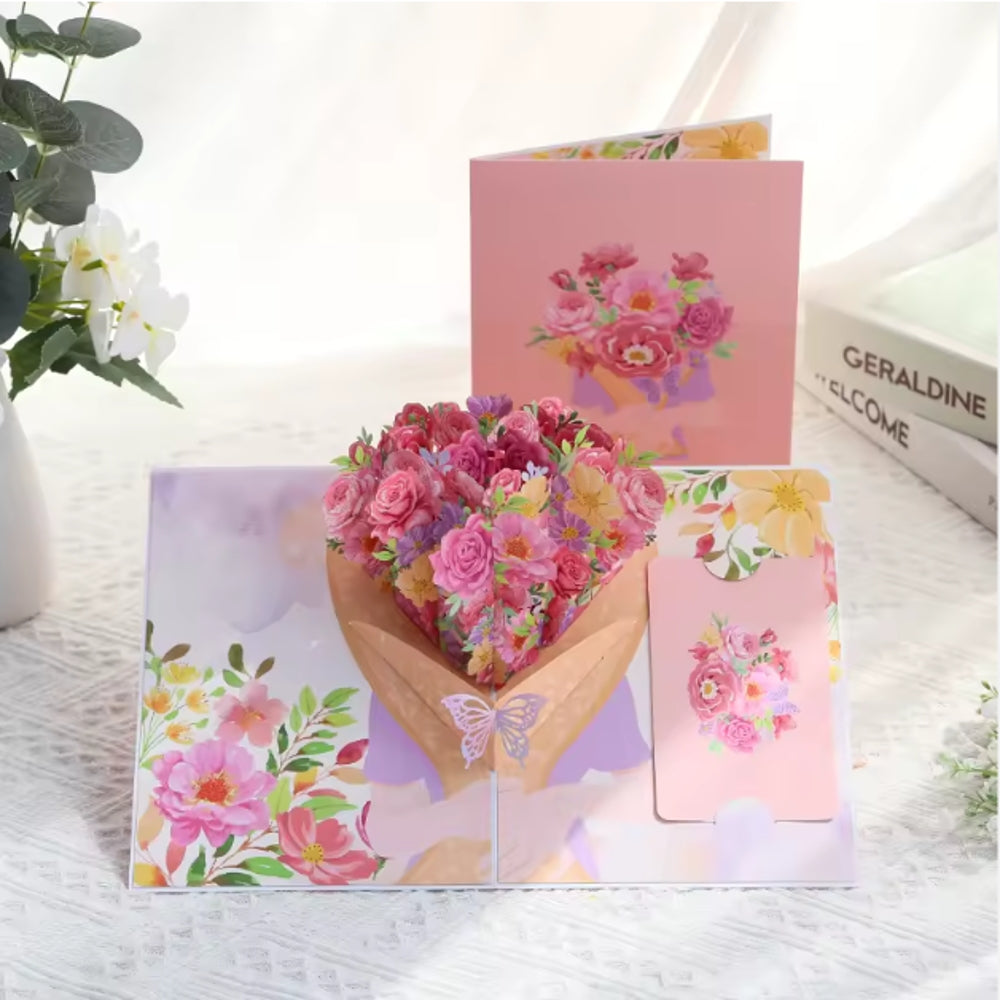 Pastel Pink Bouquet in Hands 3D Pop Up Greeting Card - Mother's Day Anniversary Birthday Thank You