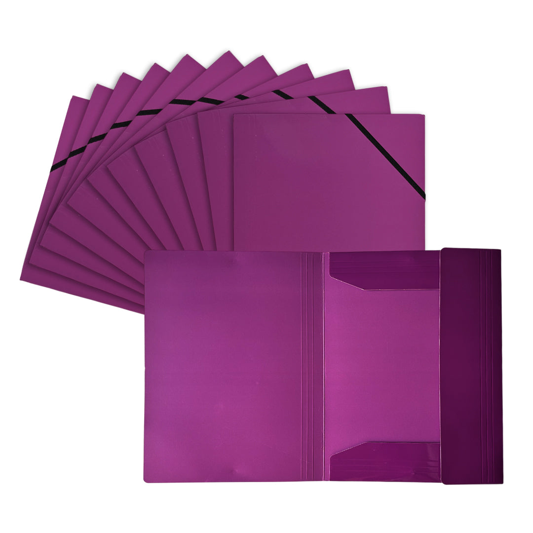 Pack of 12 Janrax A4 Purple Laminated Card 3 Flap Folders with Elastic Closure