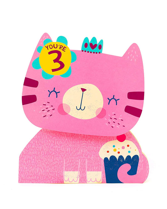 3 Year Old Cute Pink Kitten Card with Badge For Girl