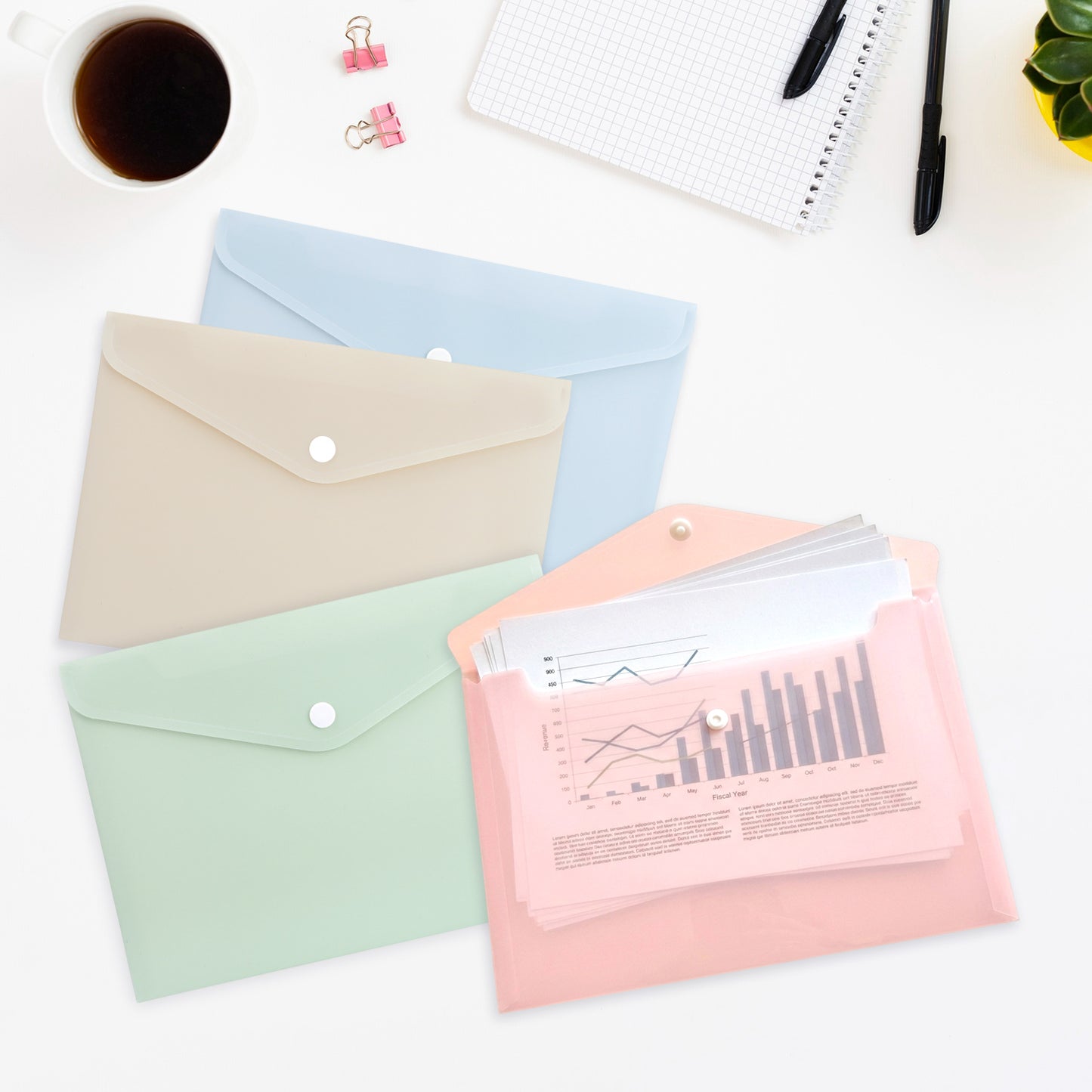 Pack of 12 A5 Assorted Light Pastel Coloured Soft Touch Plastic Document Wallets with Button Closure