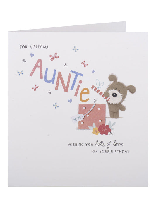 For Auntie Brown Teddy Opening Present Birthday Card