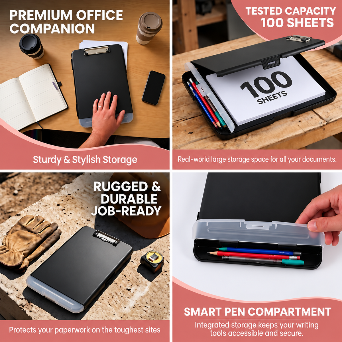 Pack of 6 A4 Black Plastic Clipboard Box Files With Pencil Holder - Storage Filing Case