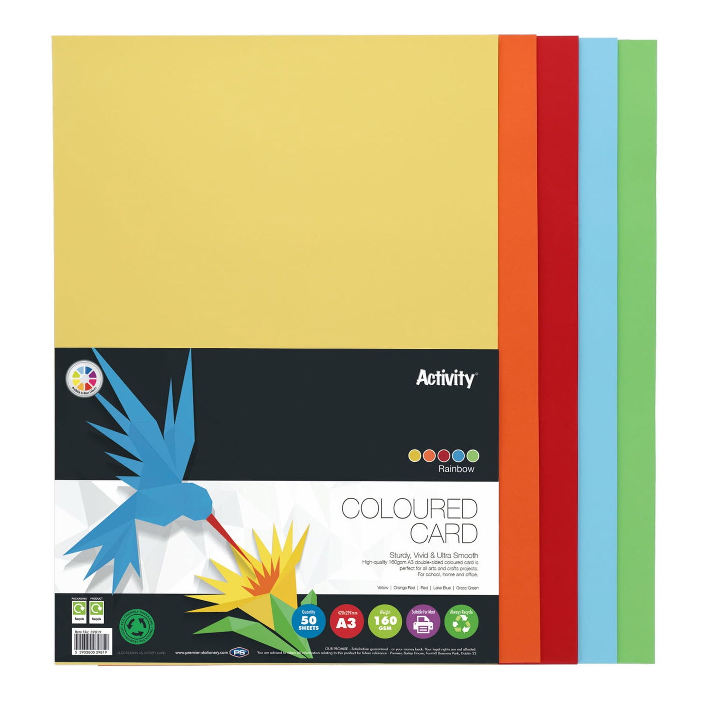 A3 160gsm 50 Rainbow Card Sheets by Premier Activity