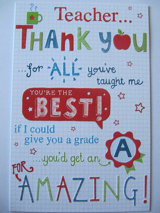 Grade A For Amazing Teacher Thank You Card 