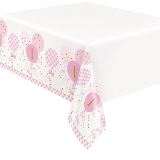 Pink Gingham 1st Birthday Rectangular Plastic Table Cover, 54"x84"
