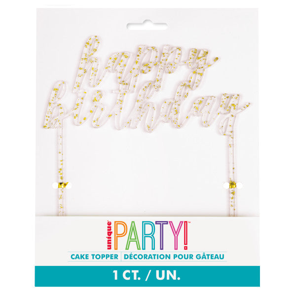 "Happy Birthday" Clear with Gold Foil Flecks Acrylic Cake Topper