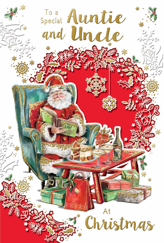 To a Special Auntie and Uncle Santa Reading Book Design Christmas Card
