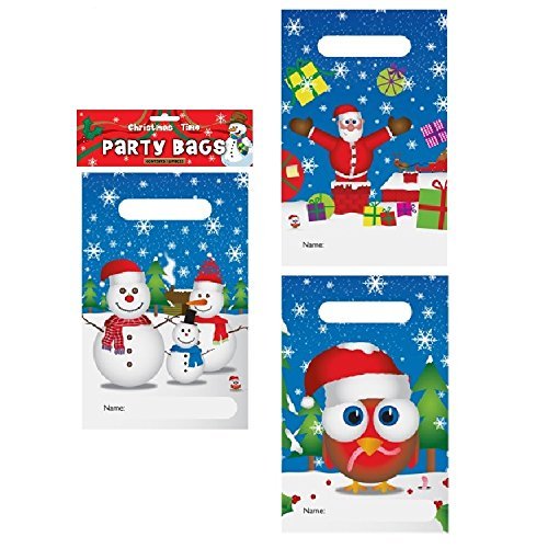 Pack of 12 Assorted Christmas Time Party Bags - Snowmen, Santa, Robin