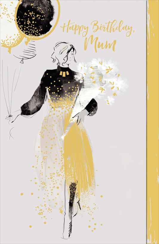 Mum Birthday Card Lady Holding Gold Flowers And Balloons Large 