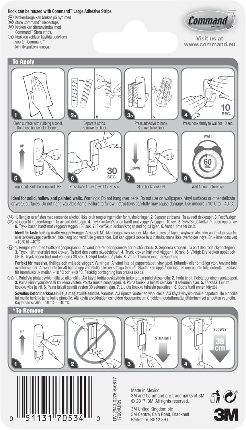 3M Command Adhesive Jumbo Hook With Command Strips 17004