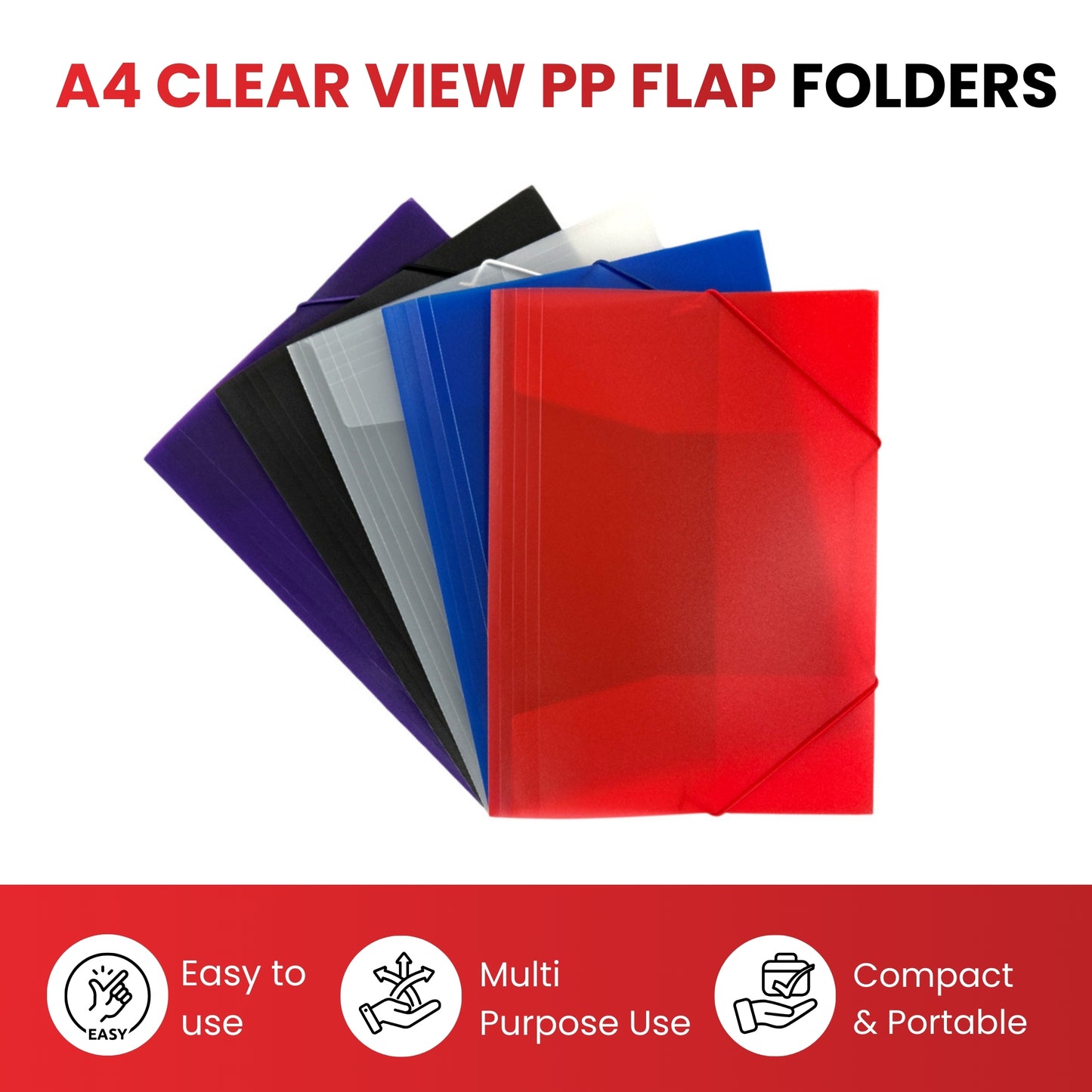 Pack of 12 A4 Clearview Assorted Colour 3 Flap Folders with Elasticated Closure