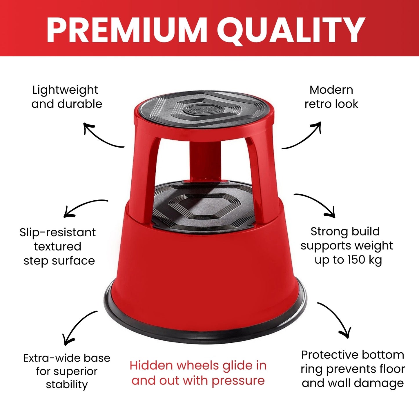 Light Grey Metal Rolling Kick Step Stool with 150kg Capacity