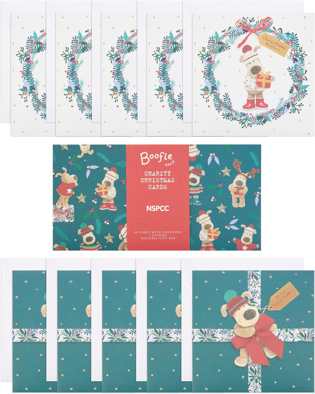 Multipack of 10 Cute Boofle Design Christmas Cards With Envelopes
