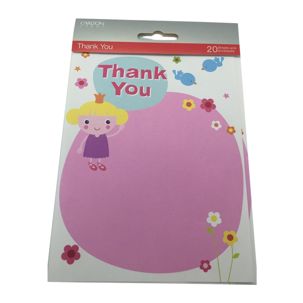 Pack of 20 Girls Pink Thank You Sheets and Envelopes by Carlton Cards