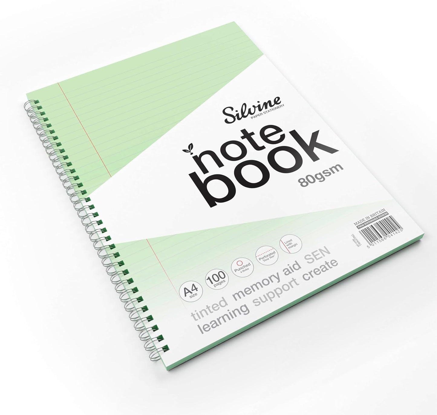 Pack of 3 A4+ 100 Pages Twin Wire SEN Green Paper Dyslexia Notebooks - Lined with Margin