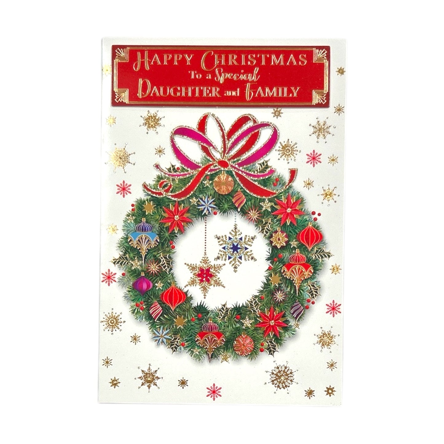 To a Special Daughter and Family Baubles Decorative Wreath Design Christmas Card