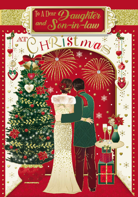 To a Dear Daughter and Son In Law Lovely Couple and Decorative Xmas Tree Design Christmas Card