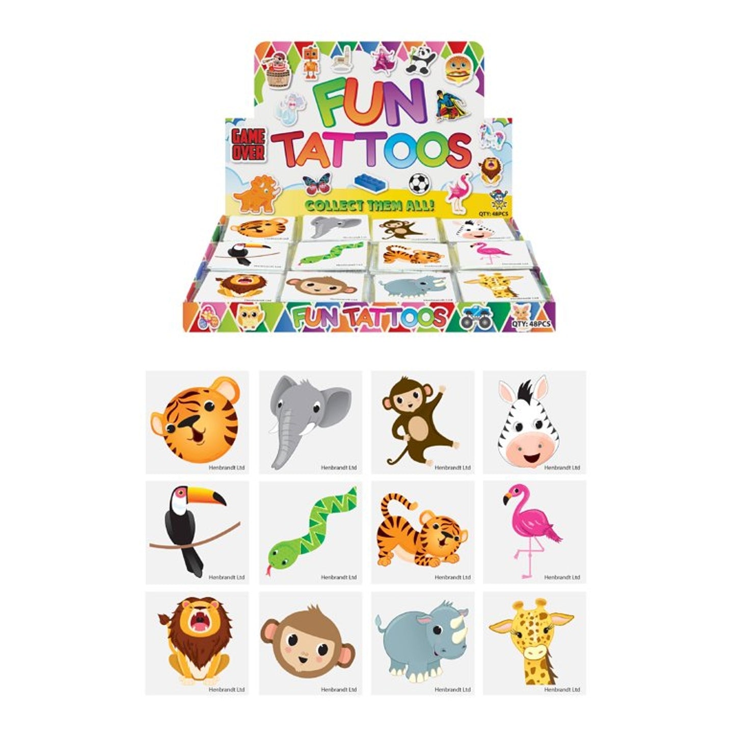 Pack of 12 Assorted Design 4cm Mini Jungle Temporary Tattoos