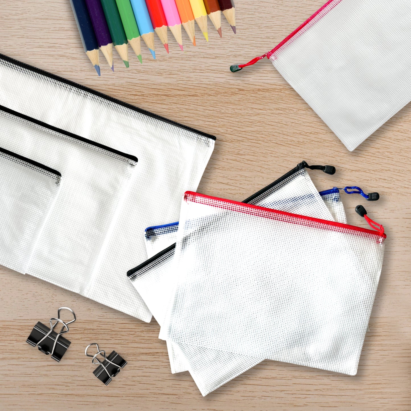 Pack of 3 A3 Assorted Coloured Strong Mesh Bags - Black, Blue, Red - Tough Waterproof Storage