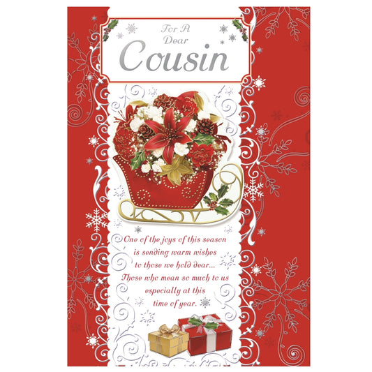 For a Dear Cousin Sleigh With Flowers Design Christmas Card