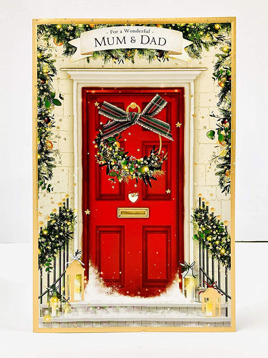 Mum And Dad Xmas Door Decorated Design Christmas Card 