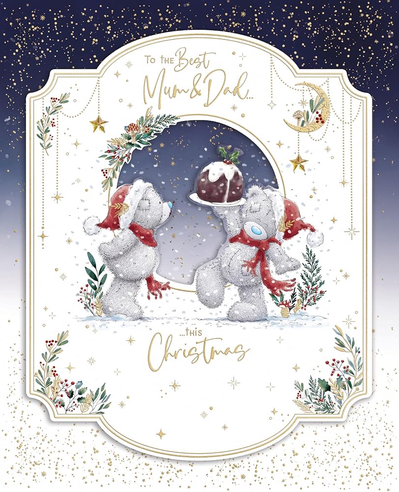 Bears With Xmas Pudding Mum And Dad Handmade Christmas Card