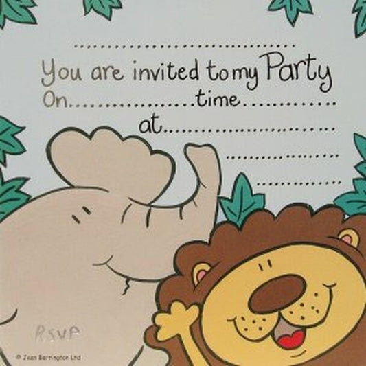 Pack of 10 Jungle Party Invitation Cards (Elephant & Lion)