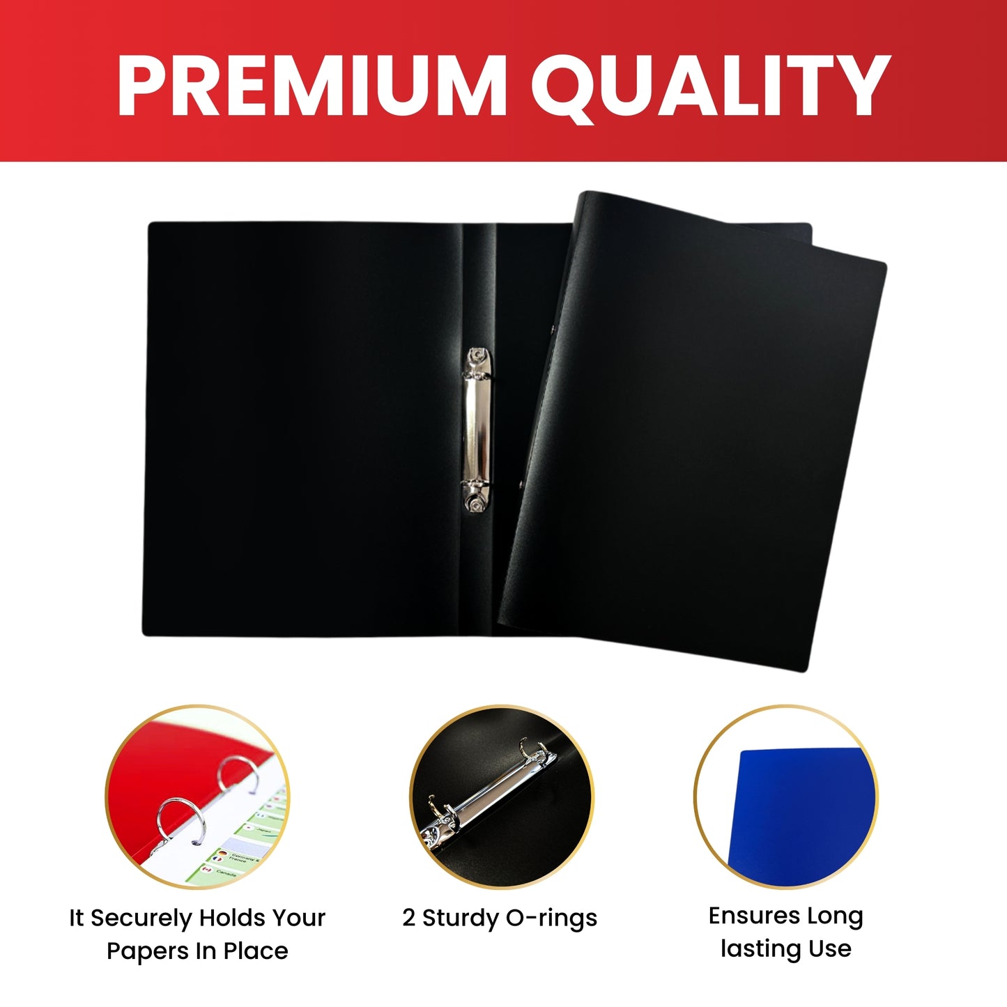 Pack of 3 A4 PP Ring Binders – 25mm Spine, 2 O-Ring Mechanism, 700 Micron Durable Cover – Red, White, Black