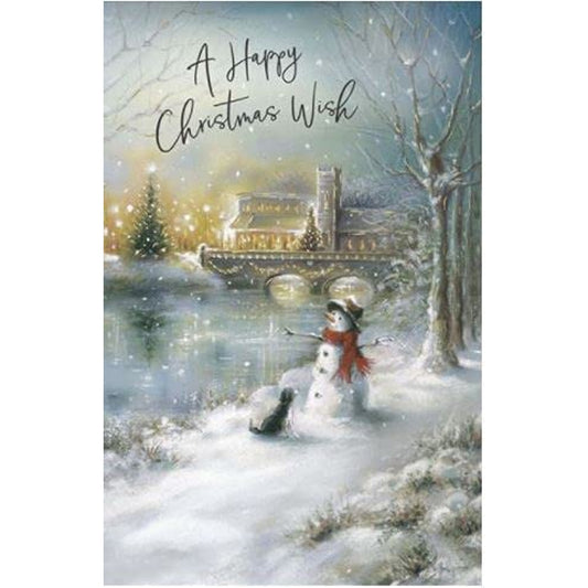 Snowman and Dog on Riverbank Christmas Card