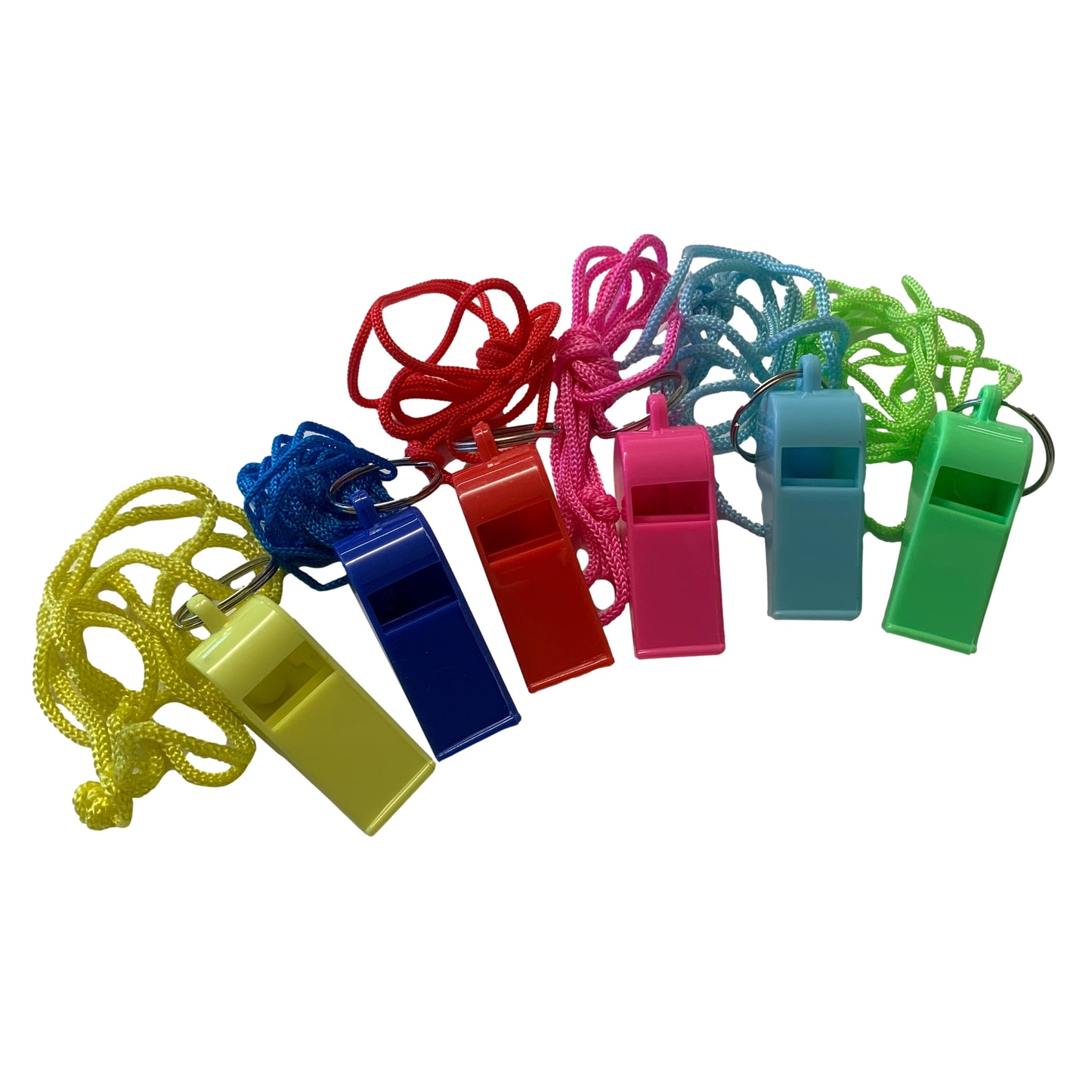 Pack of 100 Assorted Colour Whistles with Lanyards