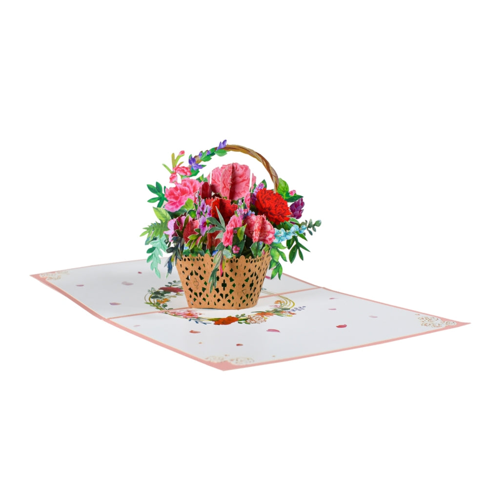 Roses & Carnations Blooming Basket 3D Pop-Up Greeting Card - Mother's Day Anniversary Birthday