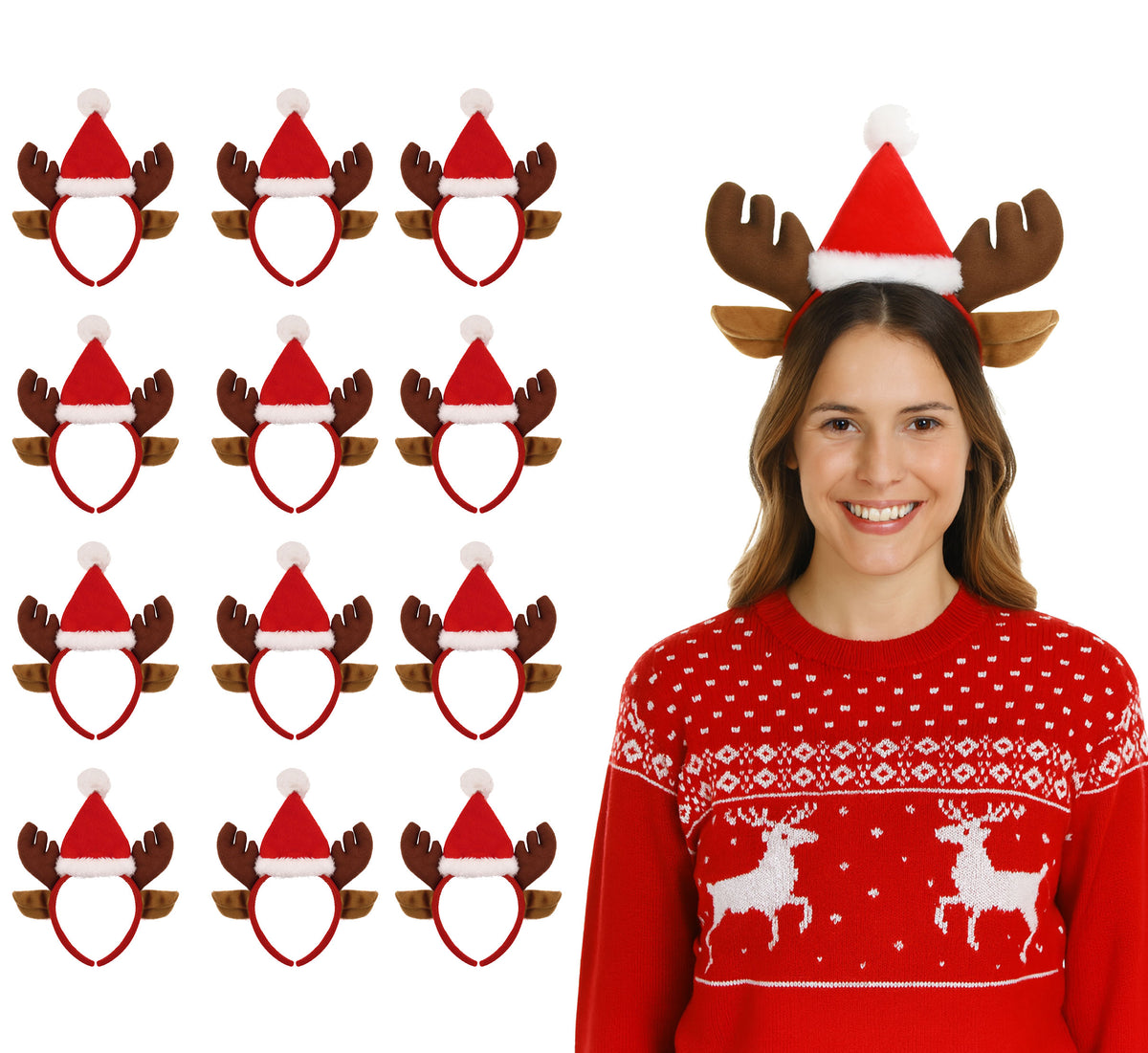 Pack of 3 Christmas Reindeer Headbands with Ears and Santa Hat