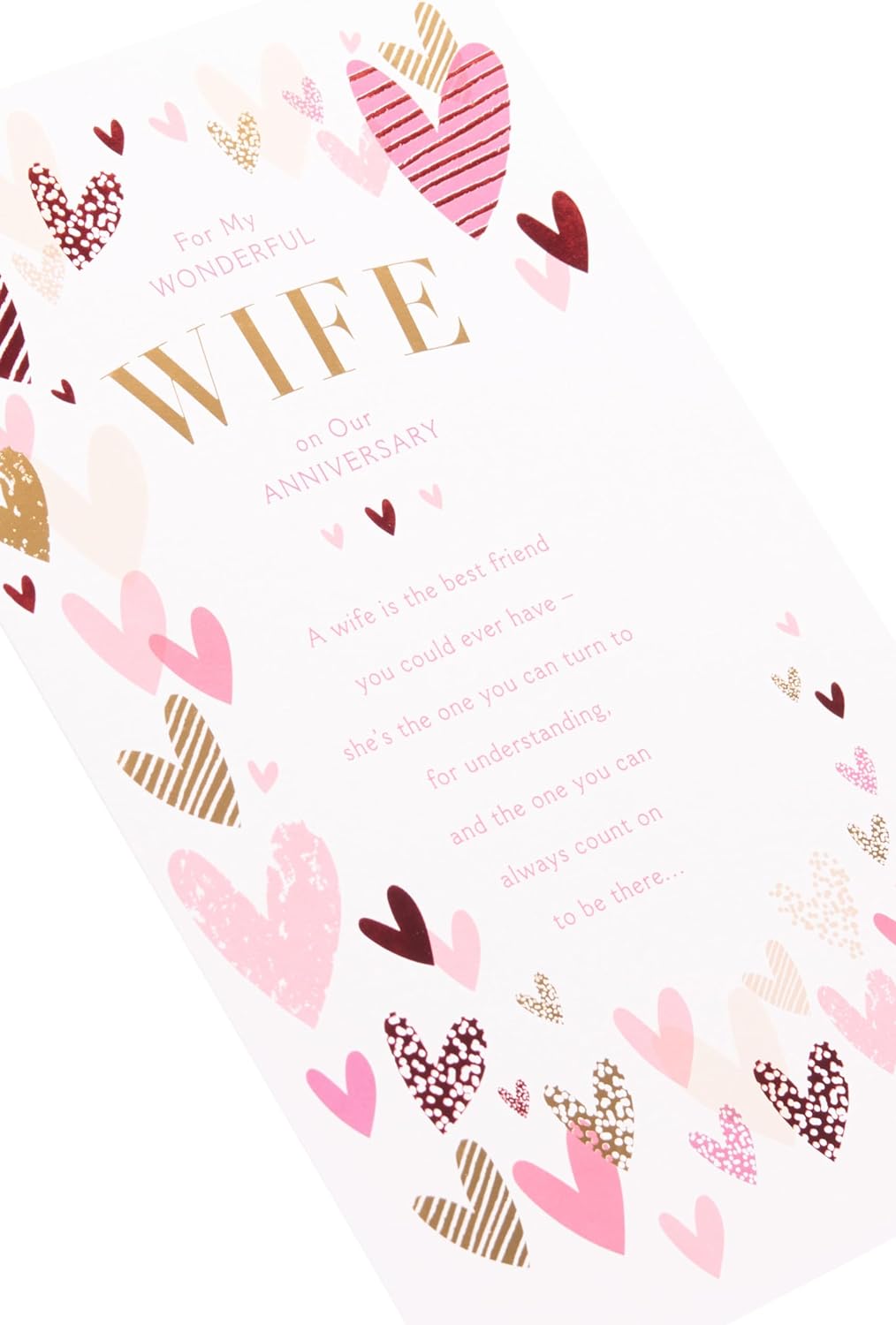 Pink & Gold Hearts Design Wife Anniversary Card